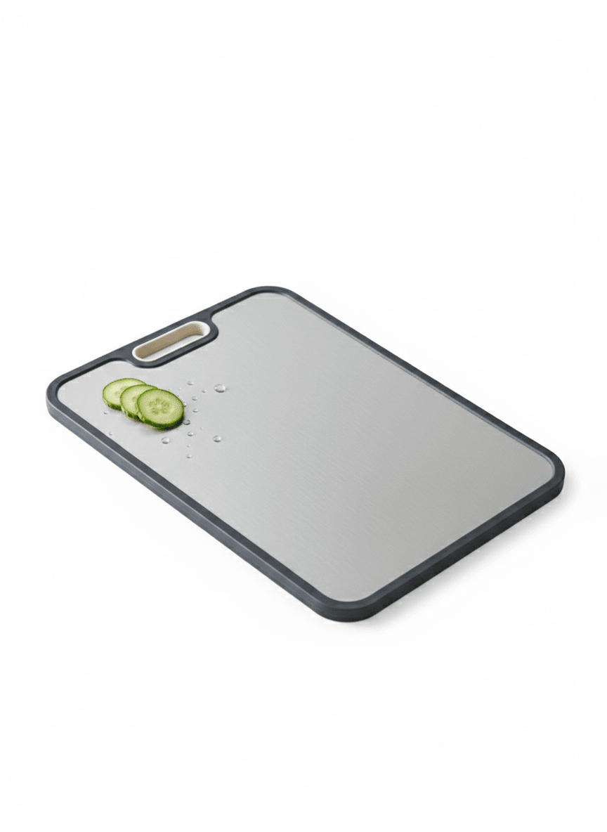 Titanium cutting board with double-sided design, featuring a hygienic non-porous surface ideal for cutting meats and vegetables, measuring 39 x 0